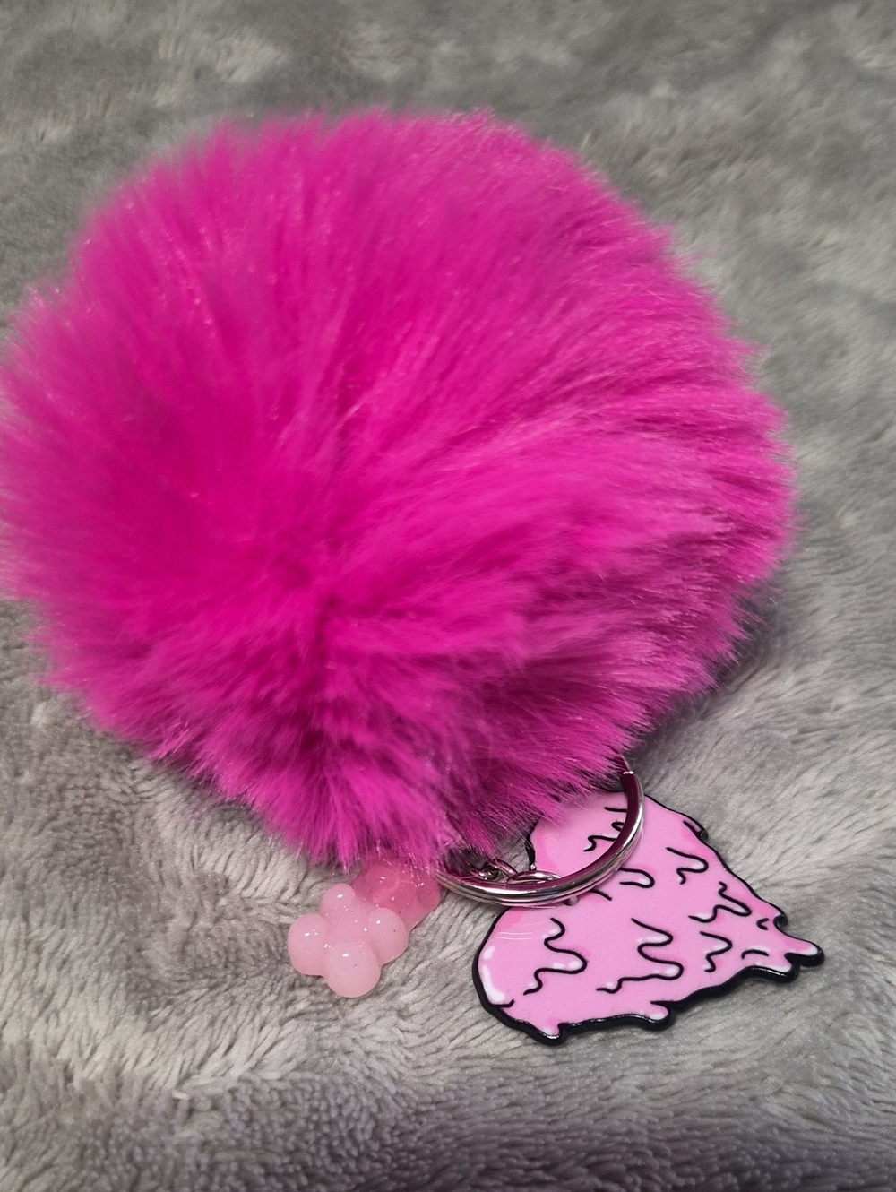 Pink Fluffy Pom Keychain with Ice Cream Charm - Kids Accessories